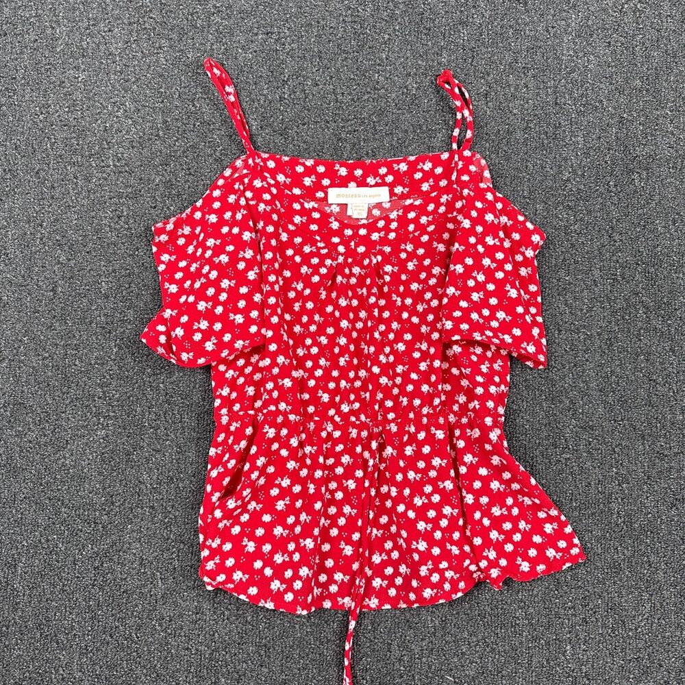 Monteau Los Angeles Women’s Red White Floral Ruffle Button Blouse Size XS